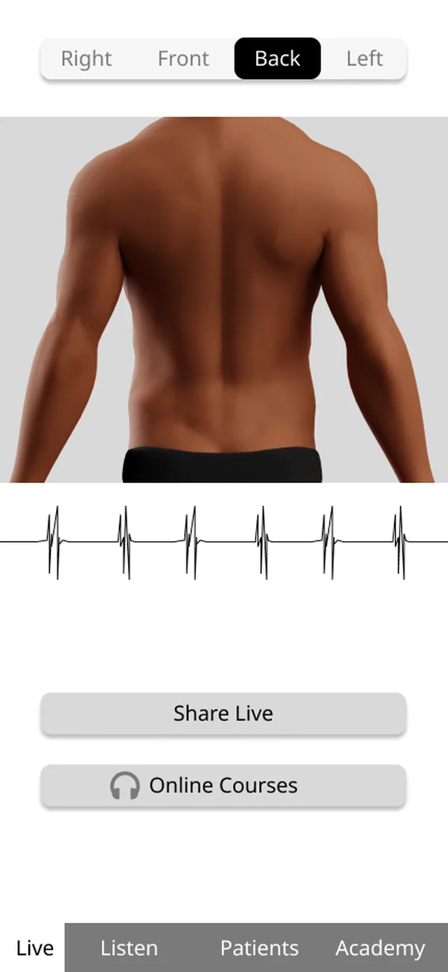 UI 1.0 live screen: a body diagram with a Share Live button