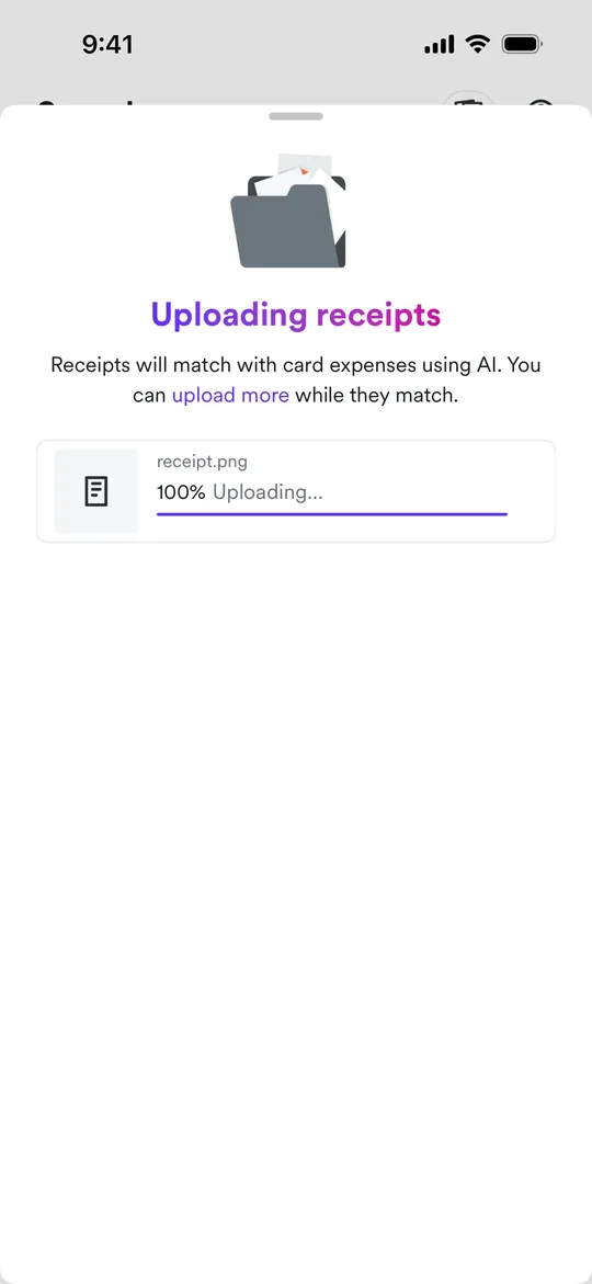 Airwallex's Uploading receipts screen with a progress bar