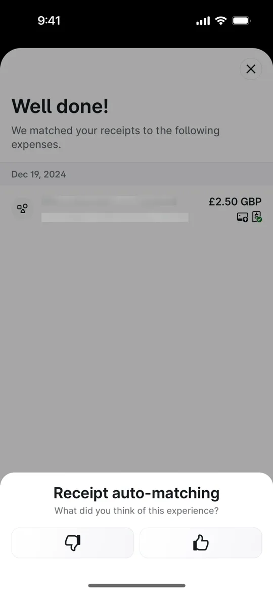 Brex's receipt auto-matching result with a feedback sheet