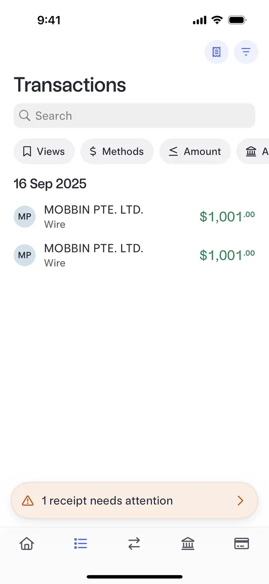 Mercury's transactions list with a banner saying one receipt needs attention