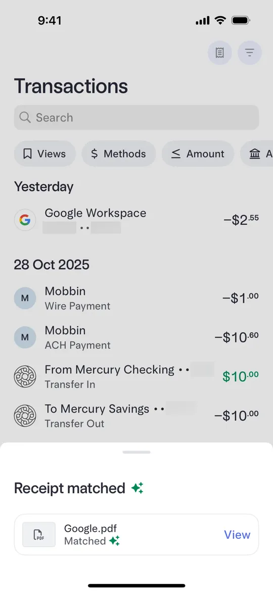Mercury's Receipt matched sheet over the transactions list