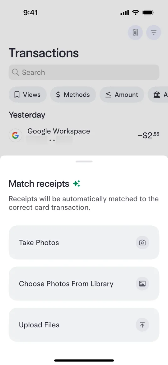 Mercury's Match receipts sheet over the transactions list