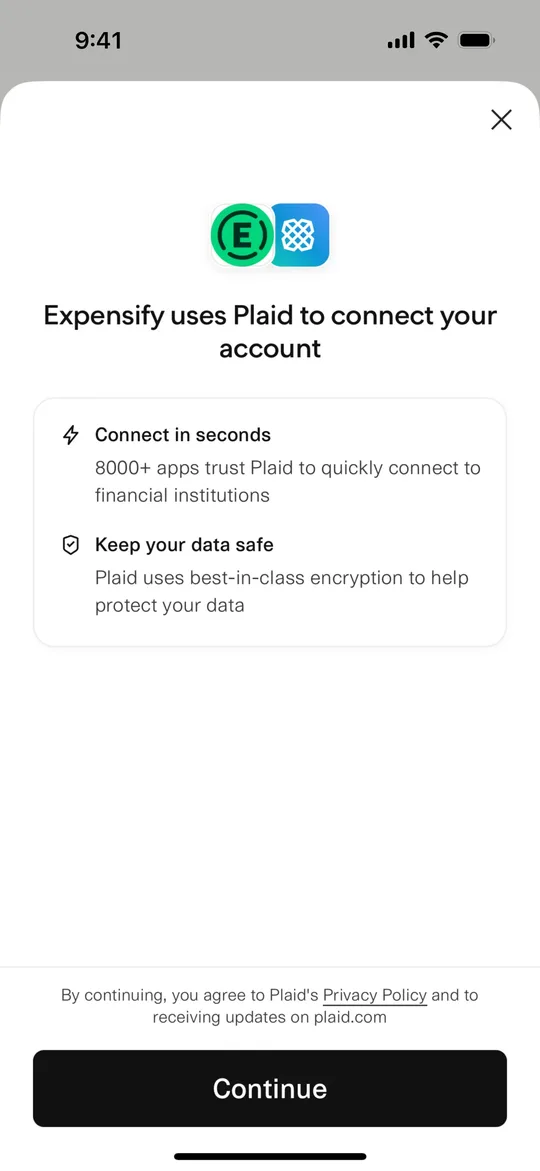 Expensify asking to connect an account through Plaid