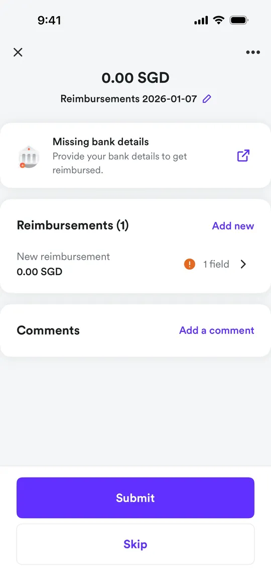 Airwallex's reimbursement report with one reimbursement needing a field