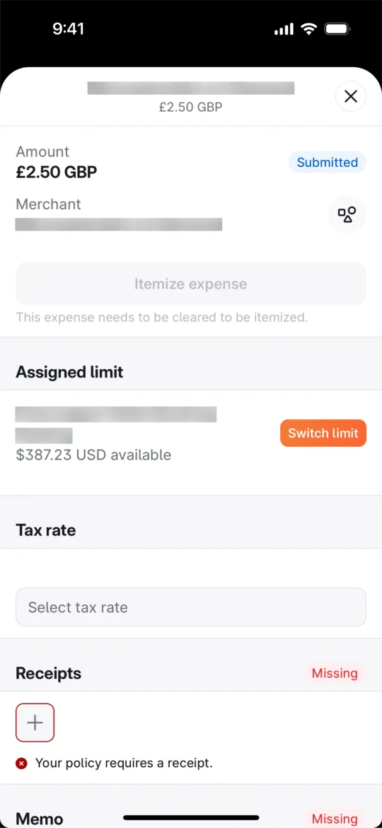 Brex's expense detail with the receipt marked as missing
