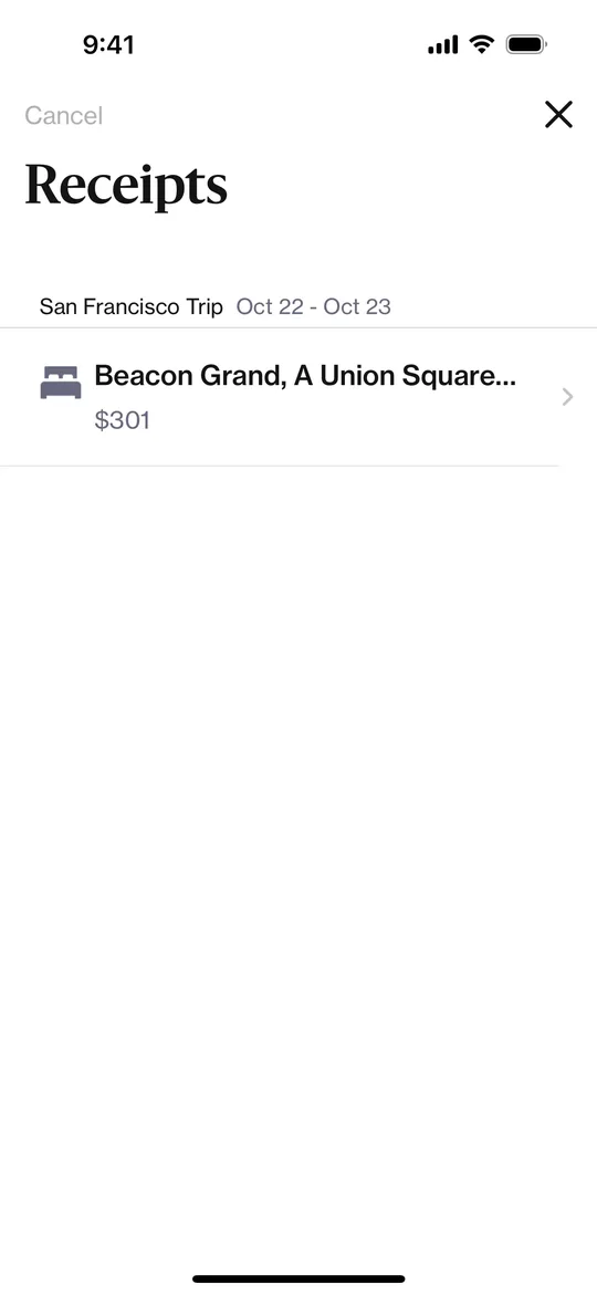 Navan's receipts list grouped under a San Francisco trip