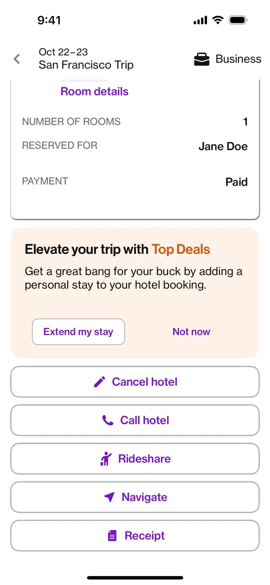 Navan's trip page with a Receipt action beside cancel, call and navigate
