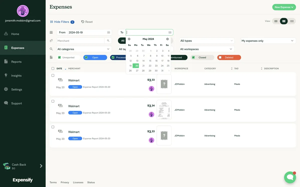 Expensify web: the expenses list with filters, statuses and receipt thumbnails
