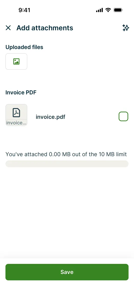 Jobber's Add attachments screen with a file checkbox and a size meter
