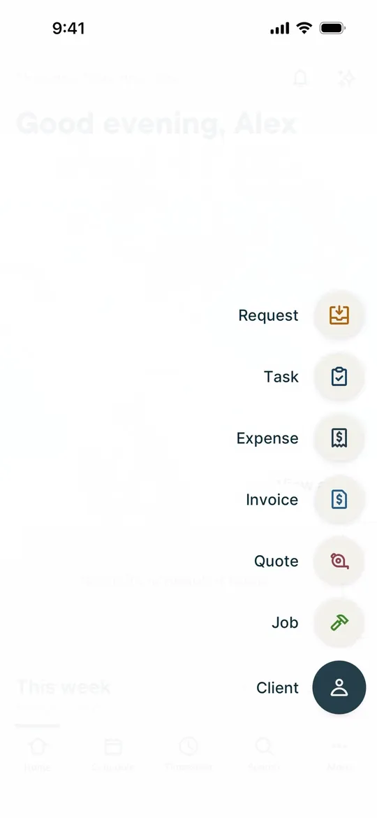 Jobber's create menu with Expense among seven options