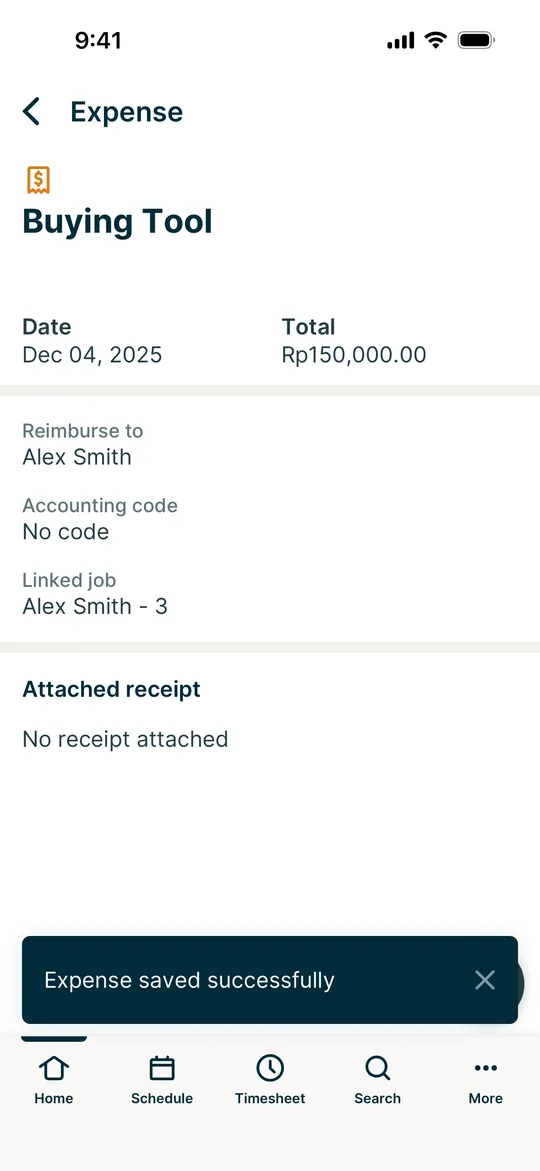 Jobber's saved expense with No receipt attached
