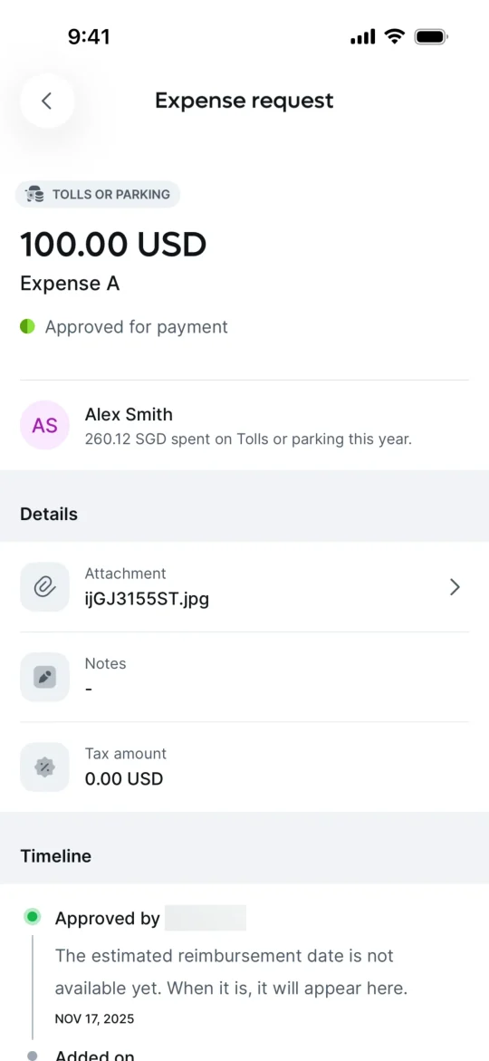 Remote's expense request, with the receipt as a static image attachment