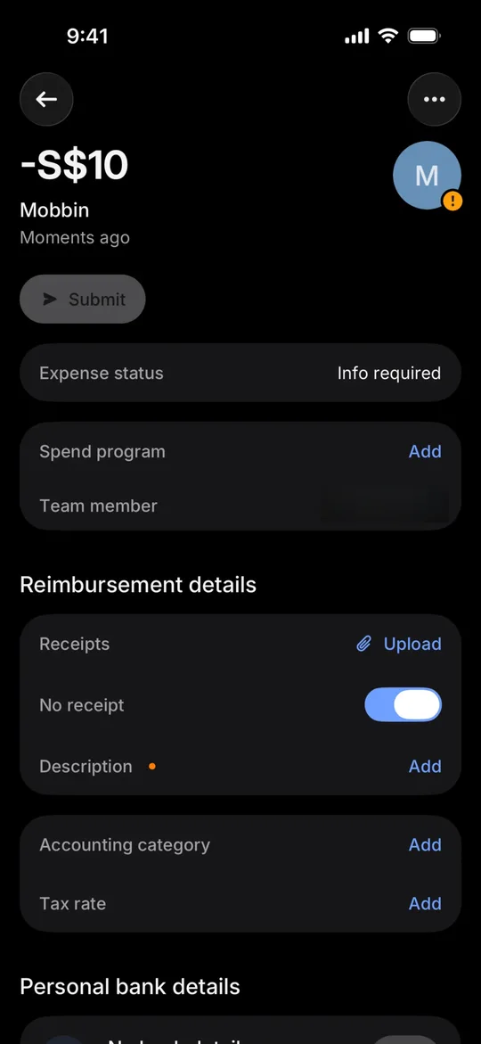 Revolut Business's reimbursement details with an upload row and a no-receipt toggle