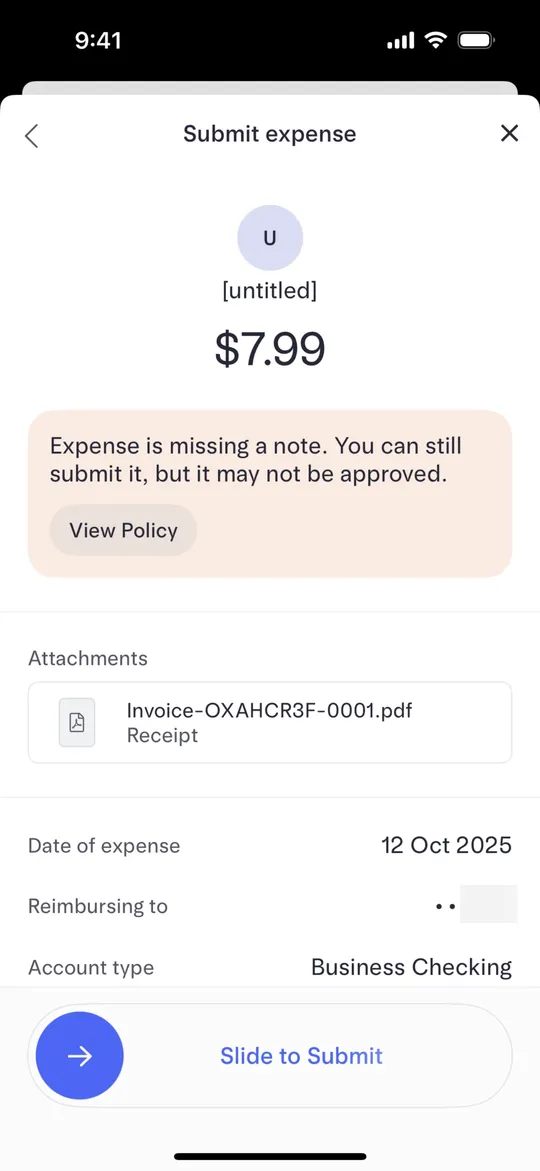 Mercury's submit review with a missing-note warning and a slide to submit