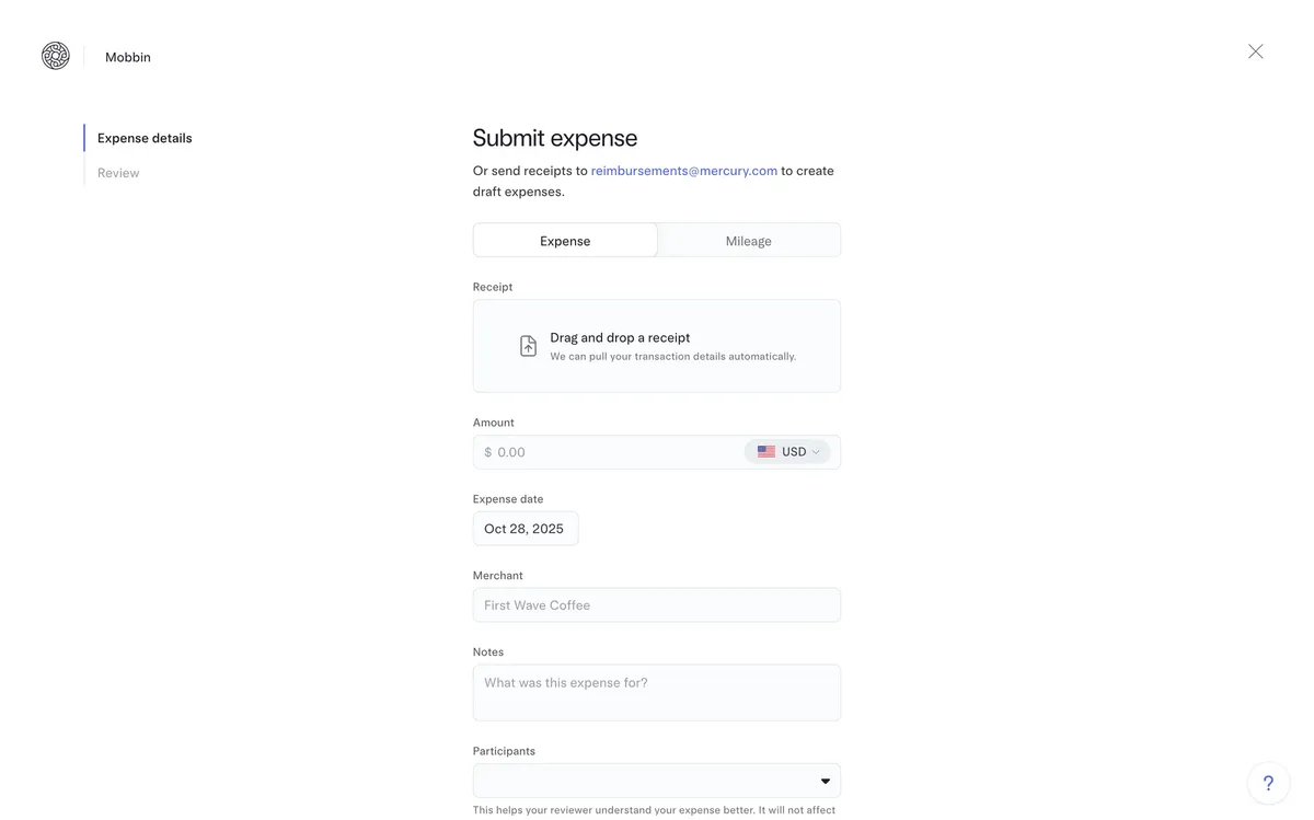 Mercury web: the Submit expense form with a receipt drop zone