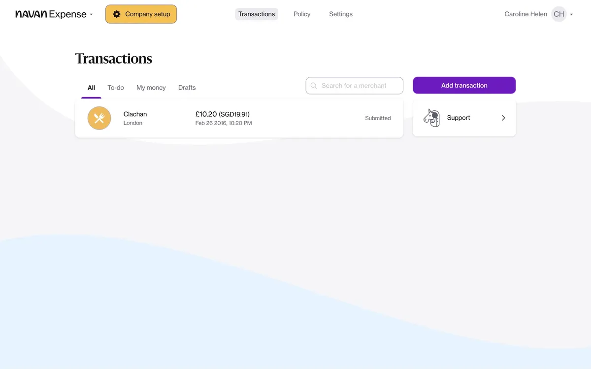 Navan web: the transactions list with tabs for All, To-do, My money and Drafts