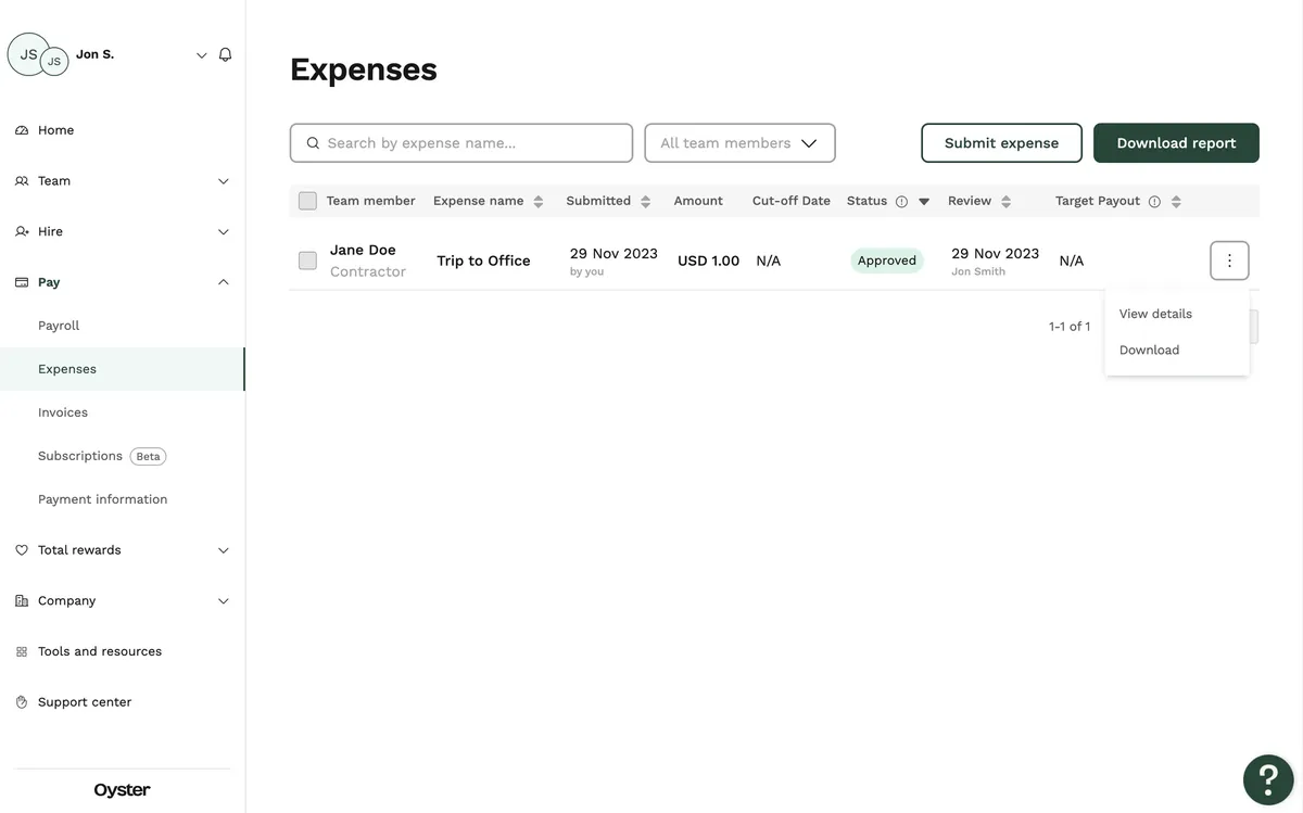 Oyster web: an expenses list with an approved row and a menu