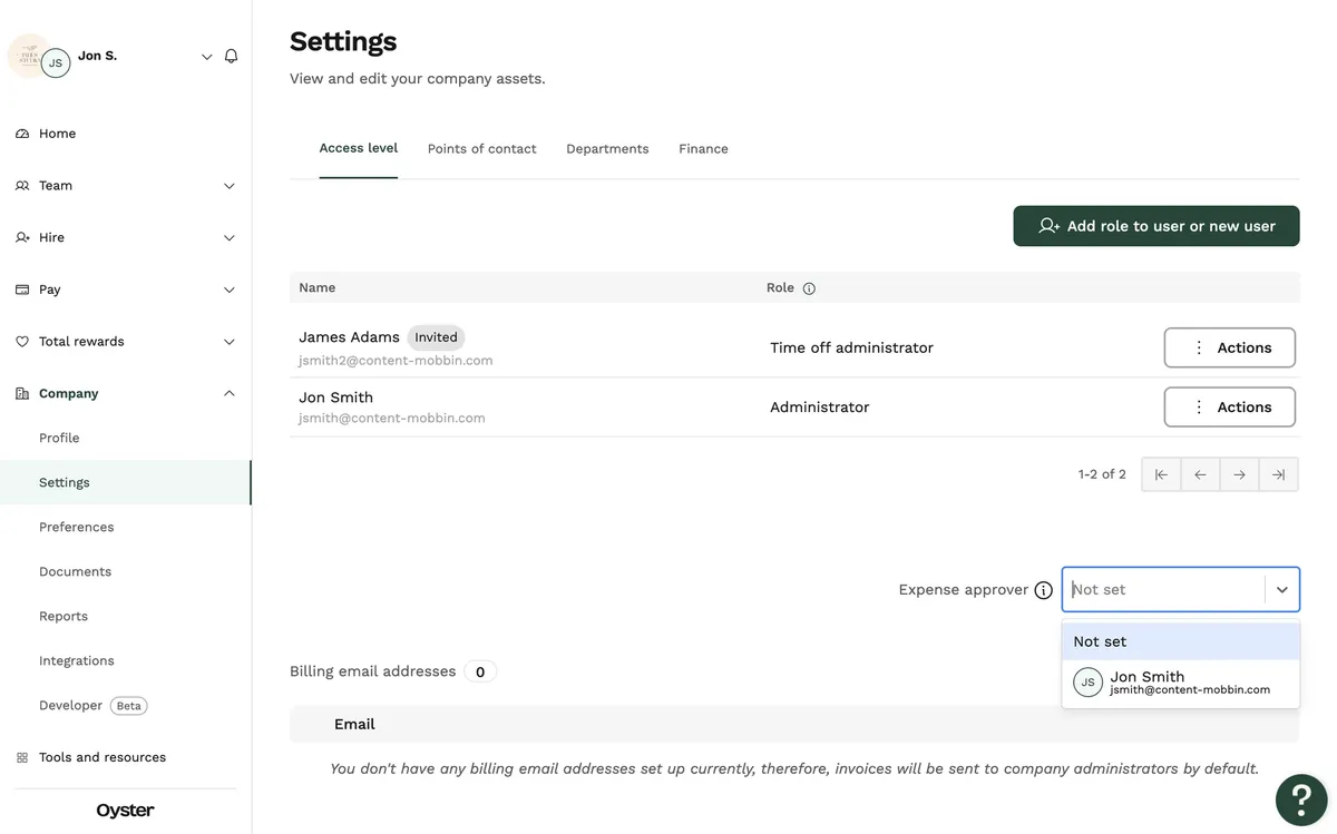 Oyster web: a company settings page with an expense approver dropdown