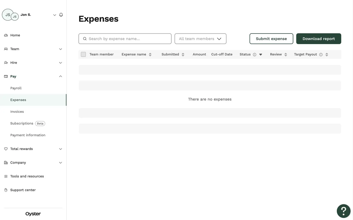Oyster web: an empty expenses table with a Submit expense button