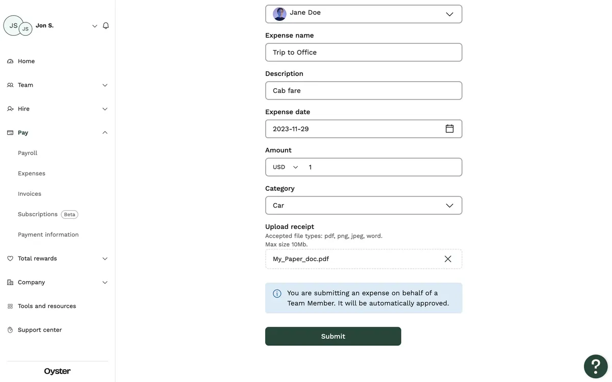 Oyster web: a New expense form with the receipt as the last upload