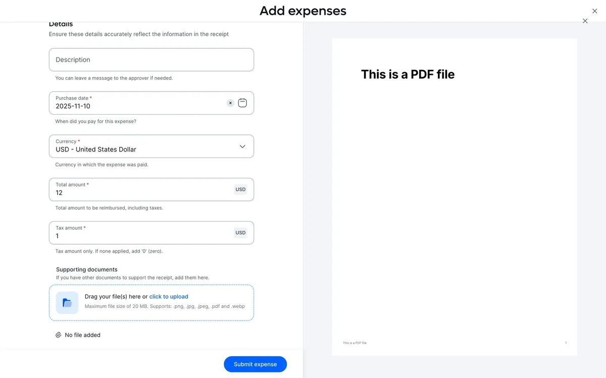 Remote web: the Add expenses form beside a PDF preview