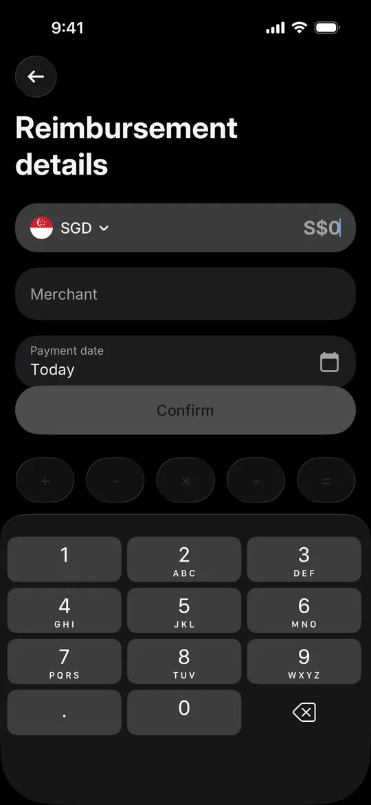 Revolut Business's reimbursement details with an amount entered on a numpad