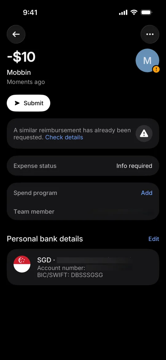 Revolut Business's expense with a similar-reimbursement warning and a Submit button