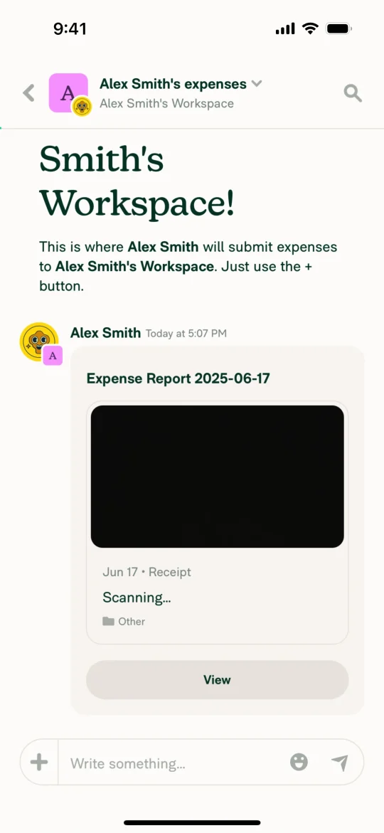 Expensify showing a receipt as Scanning in the workspace feed