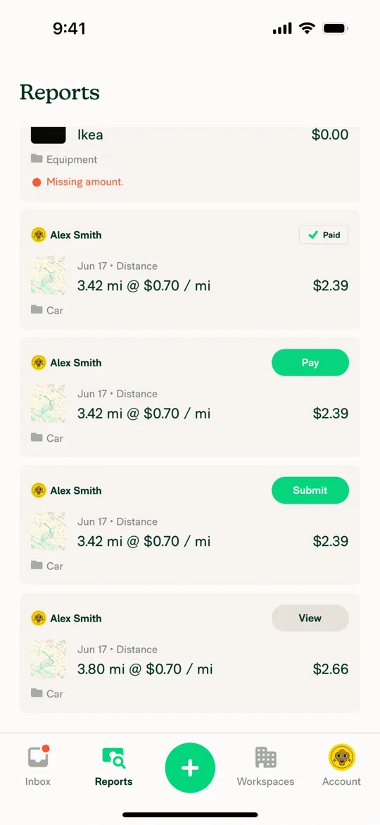 Expensify's reports list with Paid, Pay, Submit and View buttons