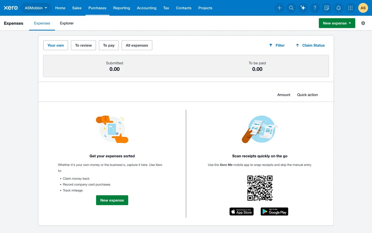 Xero web: an empty expenses page with a New expense button and a QR code for the phone app