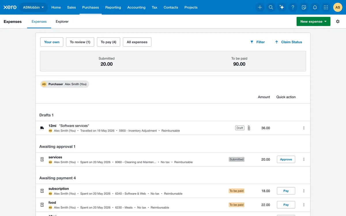 Xero web: the expenses list grouped into drafts, awaiting approval and awaiting payment