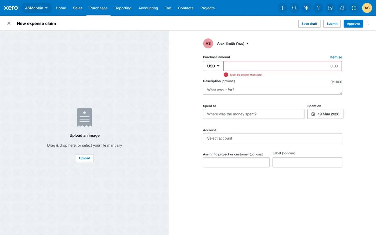Xero web: a New expense claim form with an upload pane
