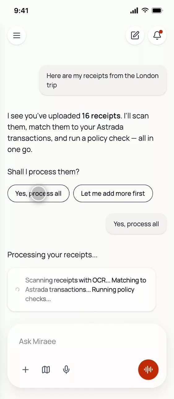 Each stage surfaces as it runs — OCR, transaction matching, policy checks.